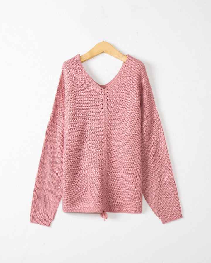 Damen Strickpullover mit Zopfmittelnaht, V‑Ausschnitt und Kordelzug Echo Archiv