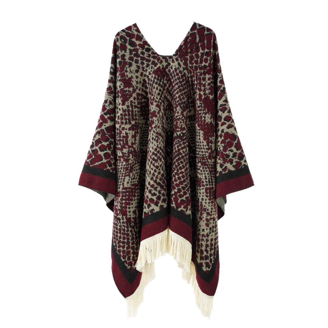 Damen Jacquard-Poncho mit V-Ausschnitt, Animalprint und Fransensaum – Avérine