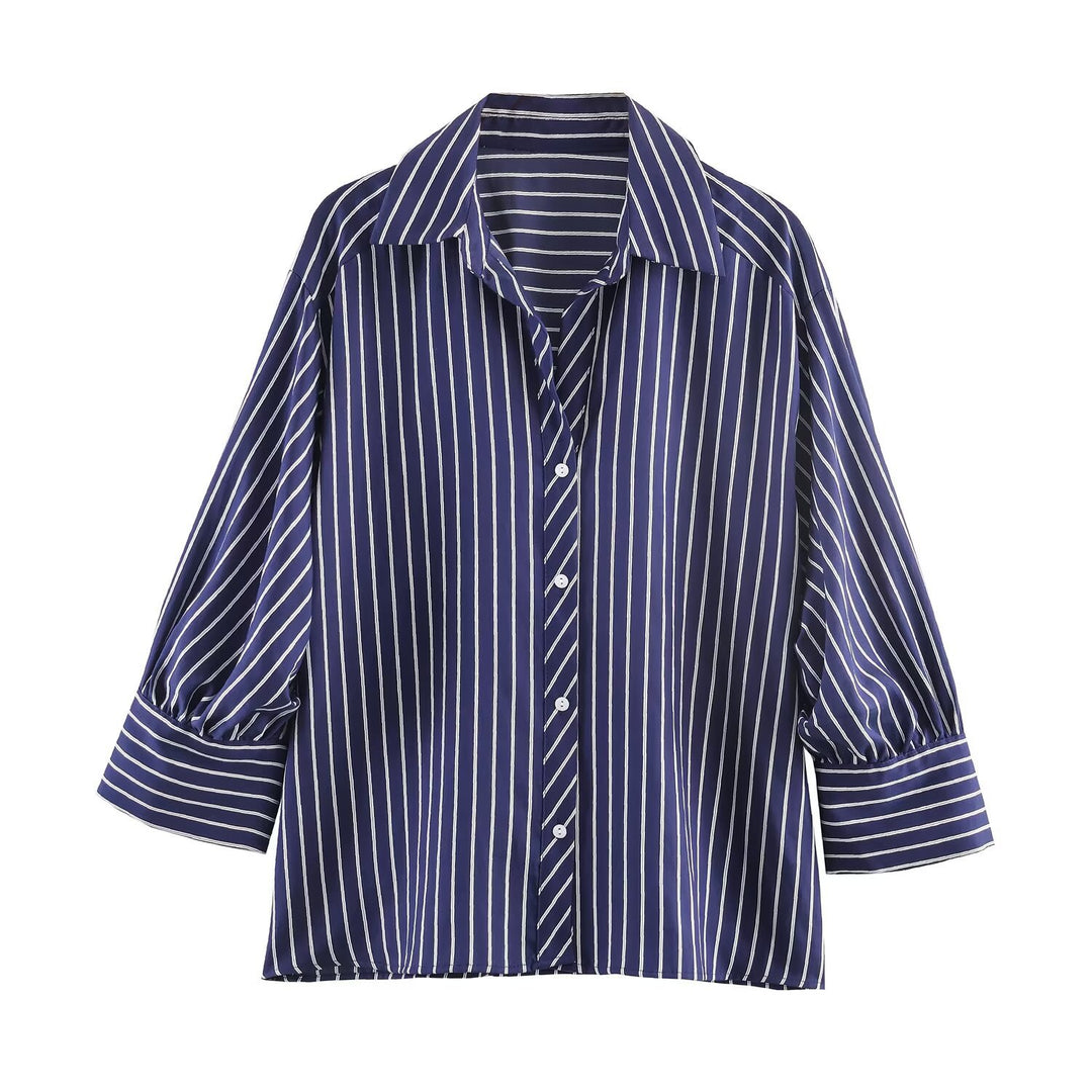 Damen Oversized Hemdbluse mit vertikalen Streifen, Ballonärmeln und breiten Manschetten Echo Archiv