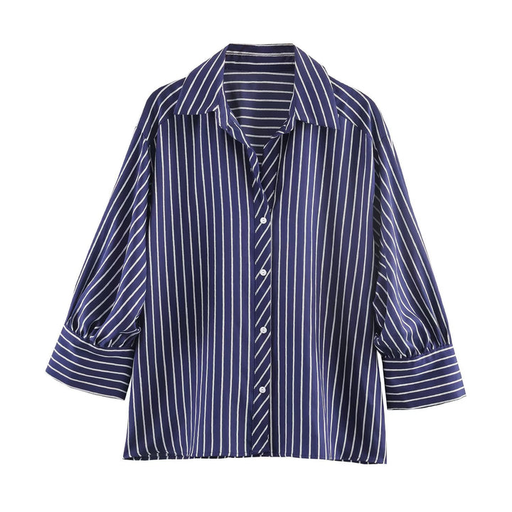 Damen Oversized Hemdbluse mit vertikalen Streifen, Ballonärmeln und breiten Manschetten Echo Archiv