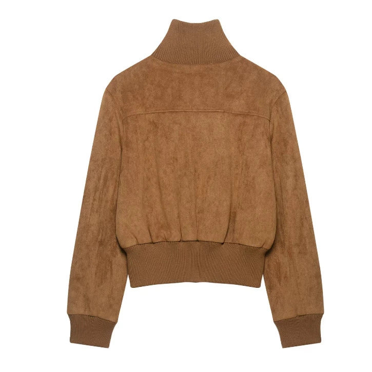 Damen Kurzer Veloursleder‑Bomber mit Stehkragen, aufgesetzten Klappentaschen und Rippenbündchen Echo Archiv