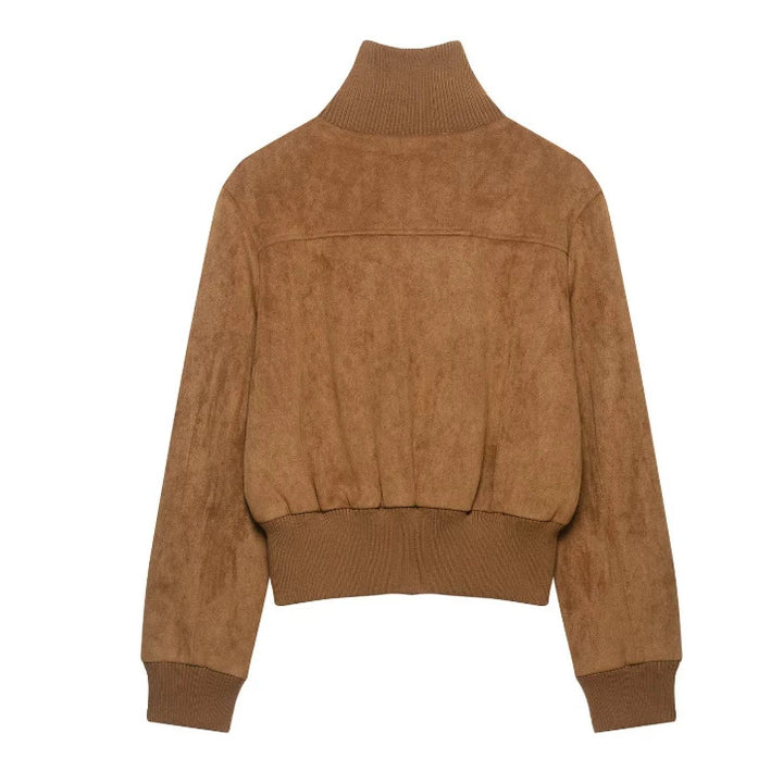 Damen Kurzer Veloursleder‑Bomber mit Stehkragen, aufgesetzten Klappentaschen und Rippenbündchen Echo Archiv