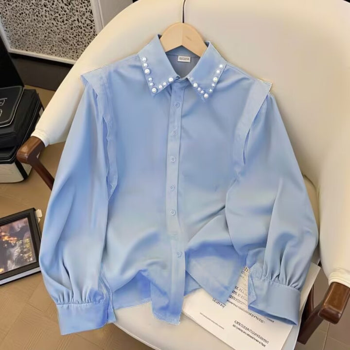 Damen nan Perlenbesetzte Hemdbluse mit Puffärmeln und spitzem Kragen Echo Archiv