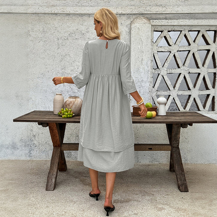 Damen Lagen-Midikleid mit geraffter Taille, 3/4-Ärmeln und lockerem A-Linien-Schnitt Echoarchiv