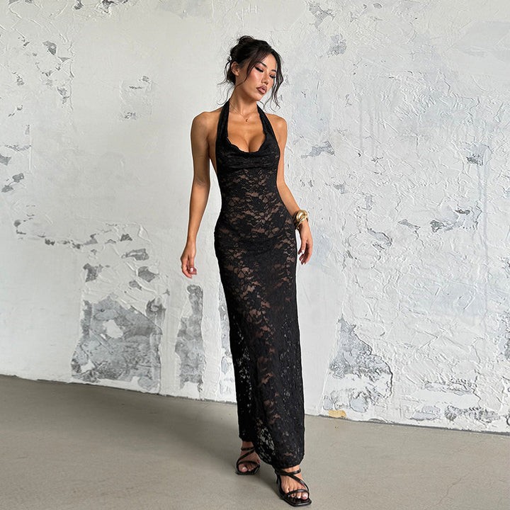 Damen Elegantes Spitzen-Maxikleid mit tiefem V-Ausschnitt und figurformendem Design Echo Archiv