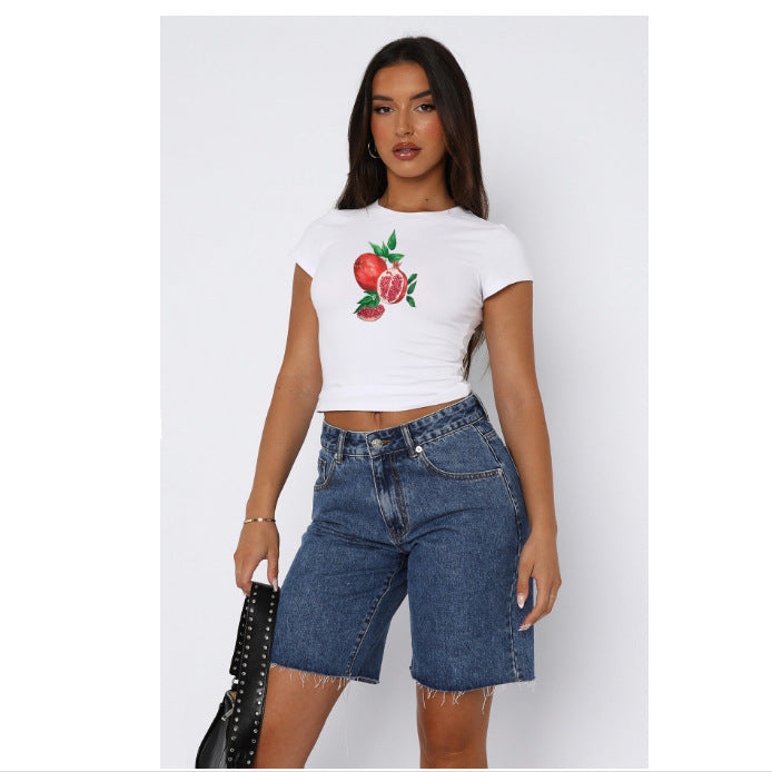 Damen Kurzarm Crop-Top mit fruchtigem Motiv und figurbetontem Schnitt Echo Archiv