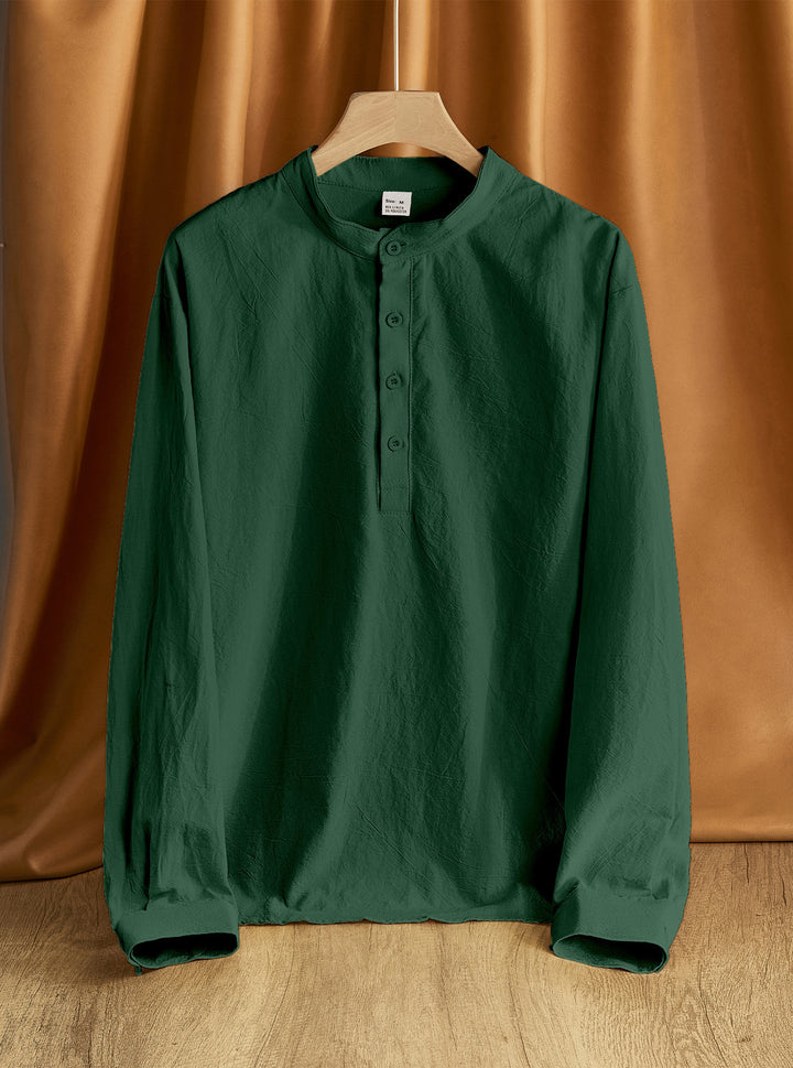 Herren Leinen-Mix Langarmshirt Henley mit Stehkragen Echoarchiv
