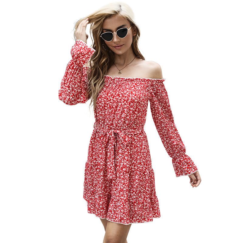 Damen Schulterfreies Blumen-Minikleid mit Taillenschnur und Stufenrock Echoarchiv