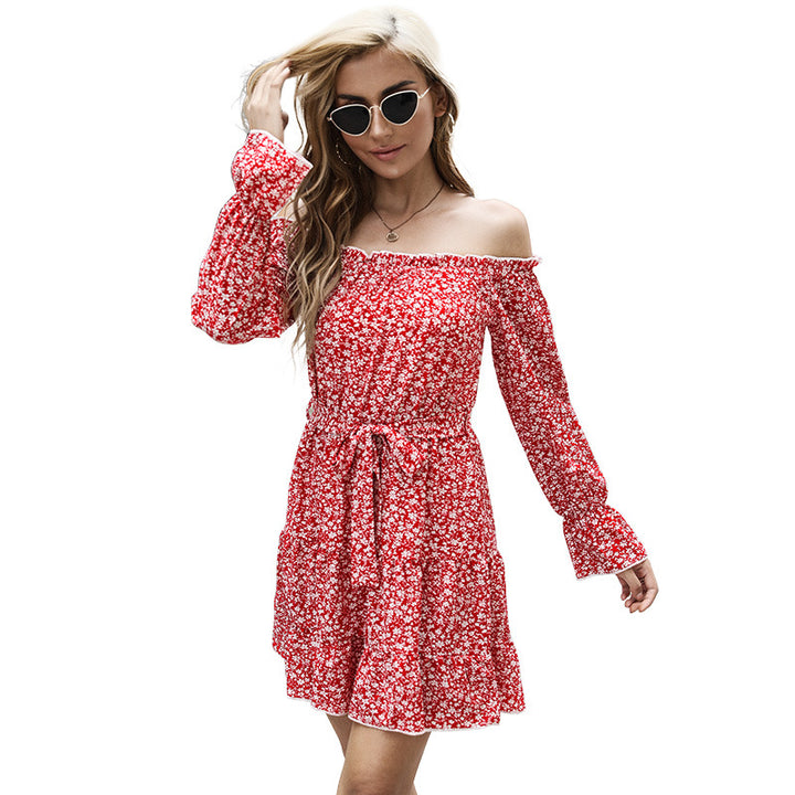 Damen Schulterfreies Blumen-Minikleid mit Taillenschnur und Stufenrock Echoarchiv