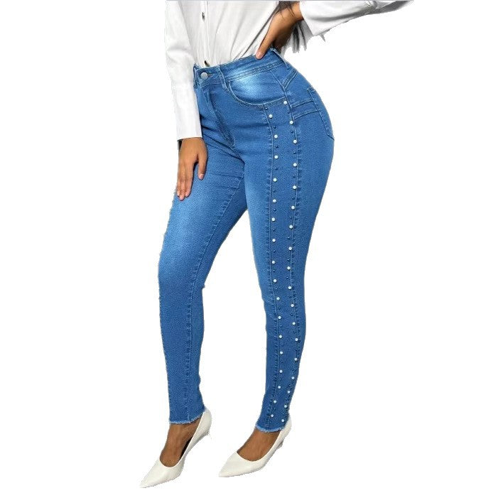 Damen Figurformende hochtaillierte Skinny-Jeans mit seitlicher Perlenzier Echo Archiv