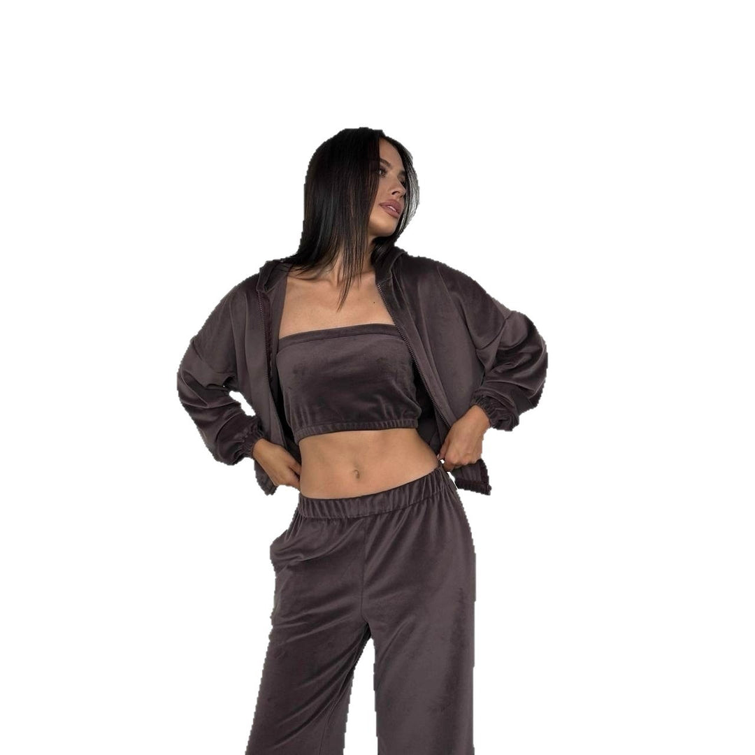 Damen Velours-Loungewear-Set mit Kapuzenjacke, Bandeau-Top und Jogginghose Echoarchiv