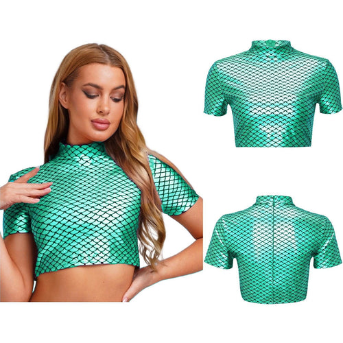 Damen Glitzerndes Cropped Shirt mit schimmerndem Fischschuppen-Muster Echo Archiv