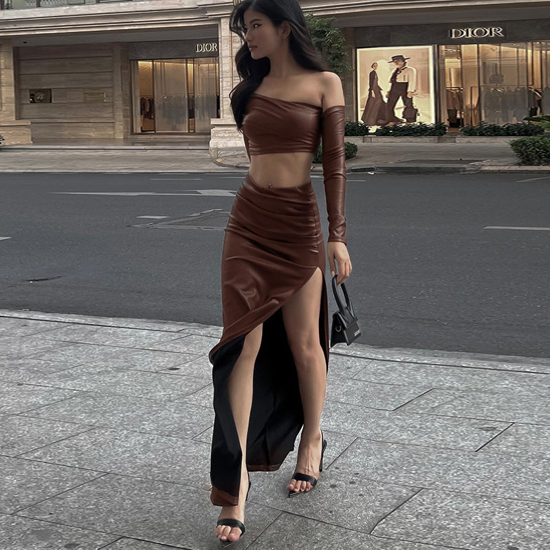 Damen elegantes asymmetrisches Cropped-Oberteil mit langen Ärmeln Echo Archiv