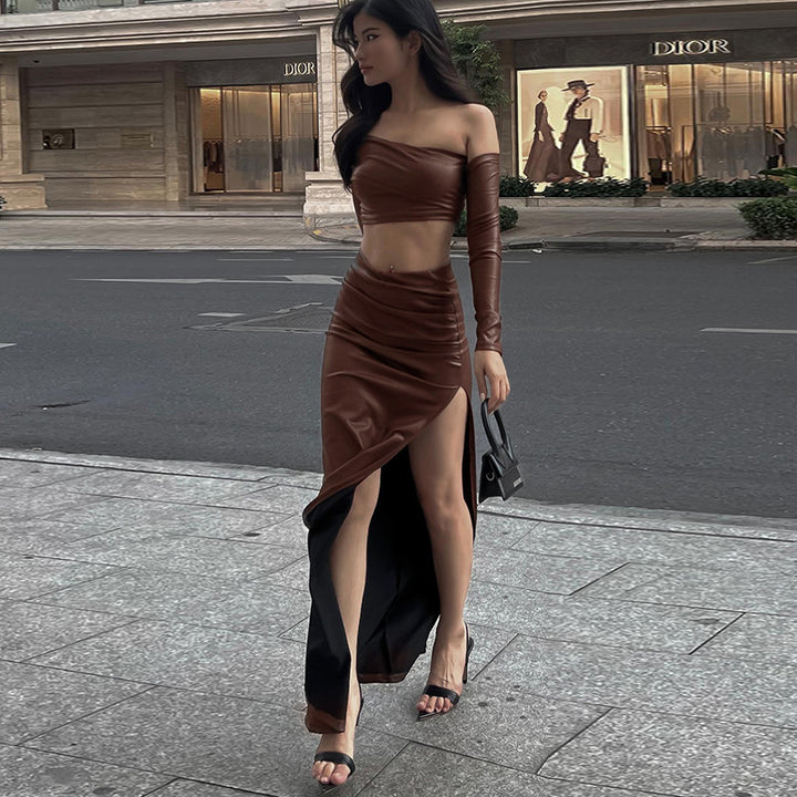 Damen elegantes asymmetrisches Cropped-Oberteil mit langen Ärmeln Echo Archiv