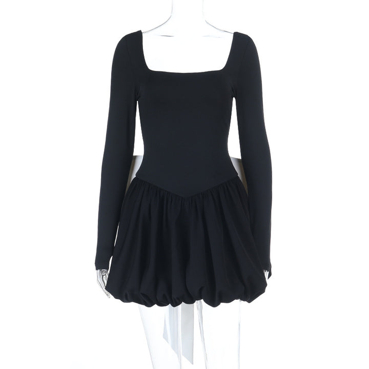 Damen Tailliertes Langarm-Minikleid mit eckigem Ausschnitt, V‑Taillennaht und Ballonrock – Avérine