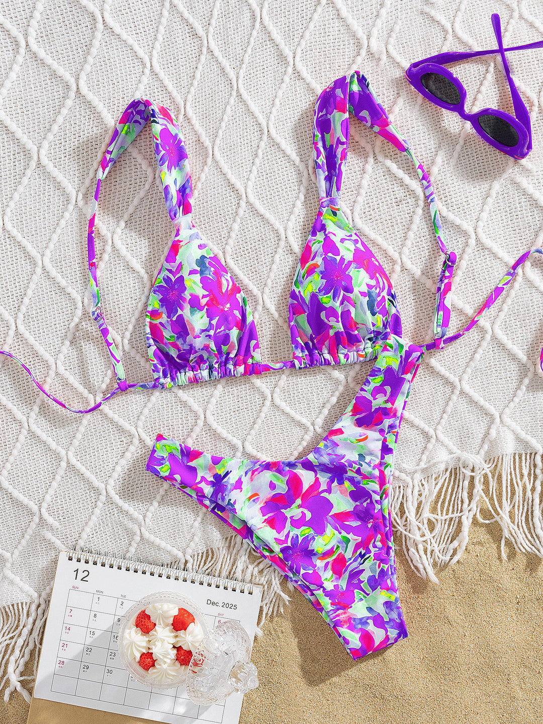 Damen Triangel-Bikini mit buntem Blumendesign und verstellbaren Trägern Echo Archiv