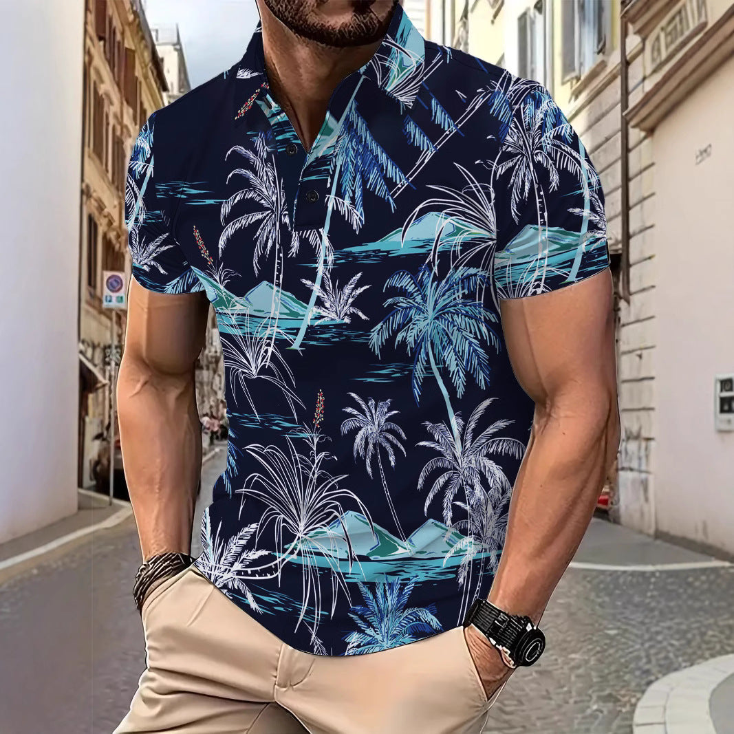 Herren Poloshirt mit tropischem Palmenmuster und atmungsaktiver Baumwollqualität Echoarchiv