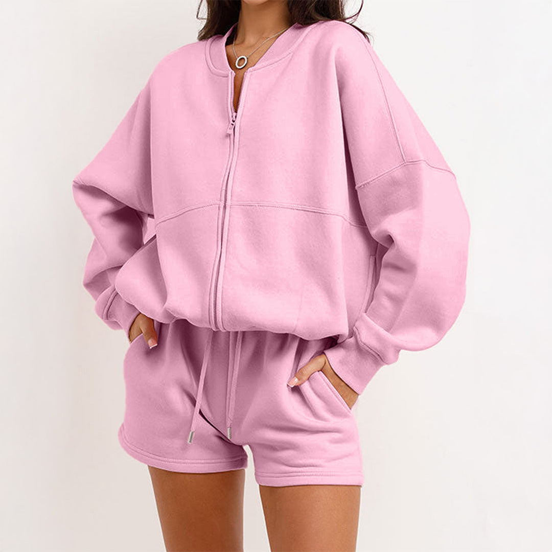 Damen nan zweiteiliges Sweat-Set mit oversized Reißverschluss-Jacke und elastischer Highwaist-Shorts Echo Archiv