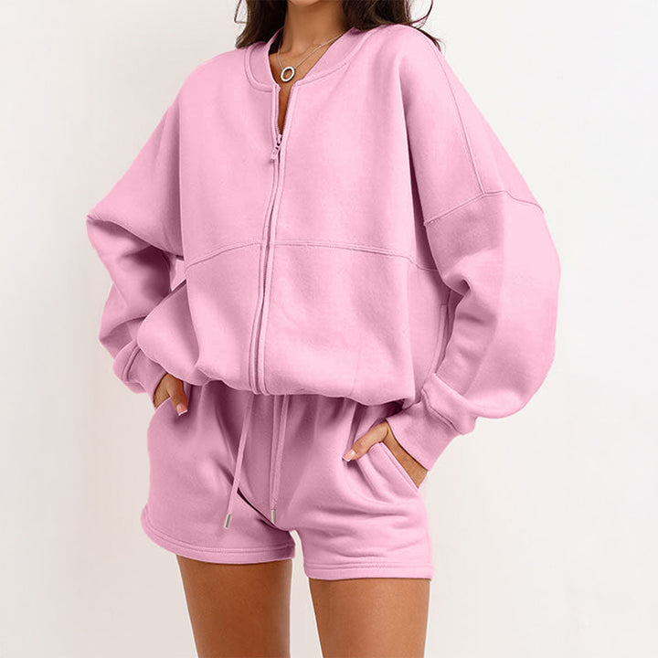 Damen nan zweiteiliges Sweat-Set mit oversized Reißverschluss-Jacke und elastischer Highwaist-Shorts Echo Archiv