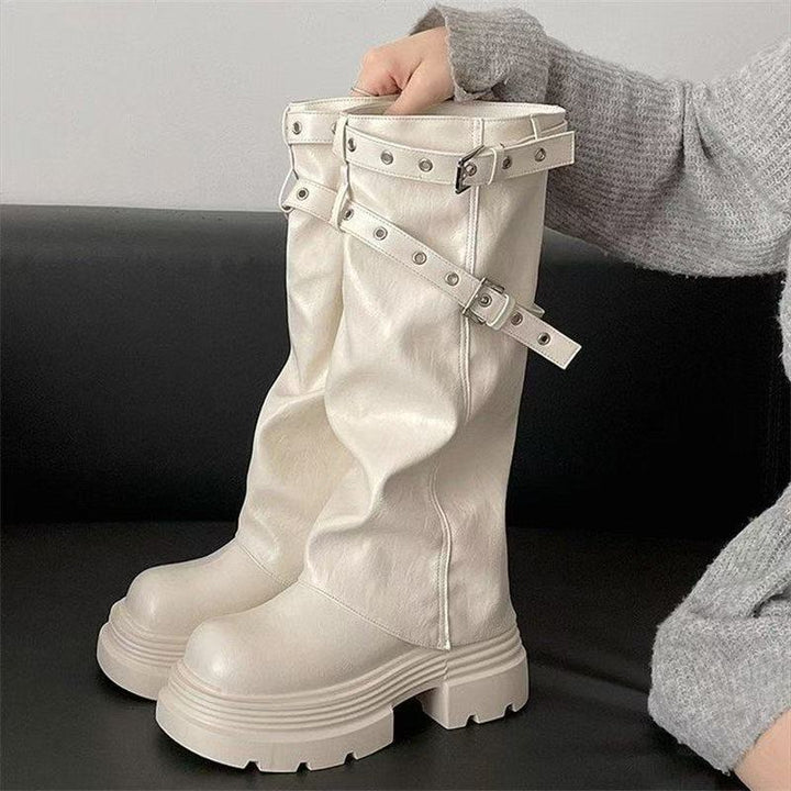 Damen PlatEchoarchivu-Stiefel mit modischem Schnallenverschluss und eleganter Faltenoptik Echoarchiv
