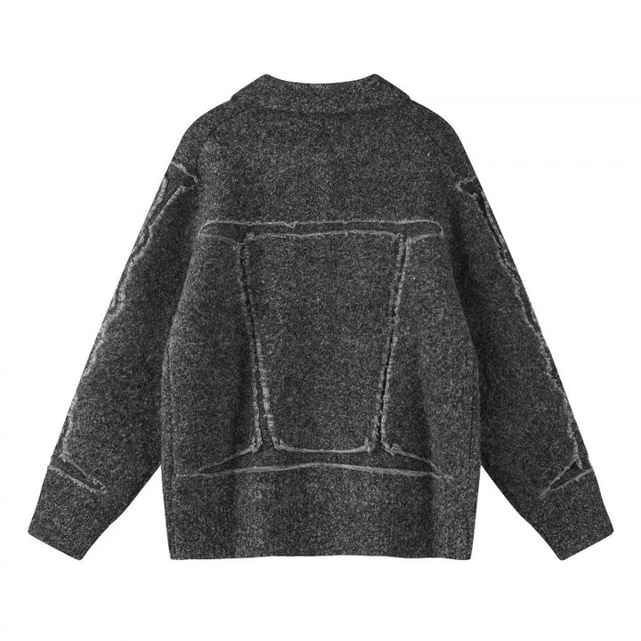 Unisex Oversize Strickjacke im Hemdjacken-Look mit Kragen, aufgesetzten Brusttaschen und Fransenbesatz Echo Archiv