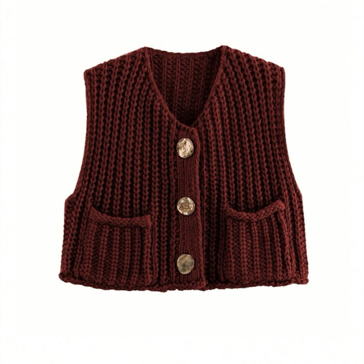 Damen Grobgestrickte Cropped Weste mit V-Ausschnitt und goldenen Zierknöpfen – Veloura