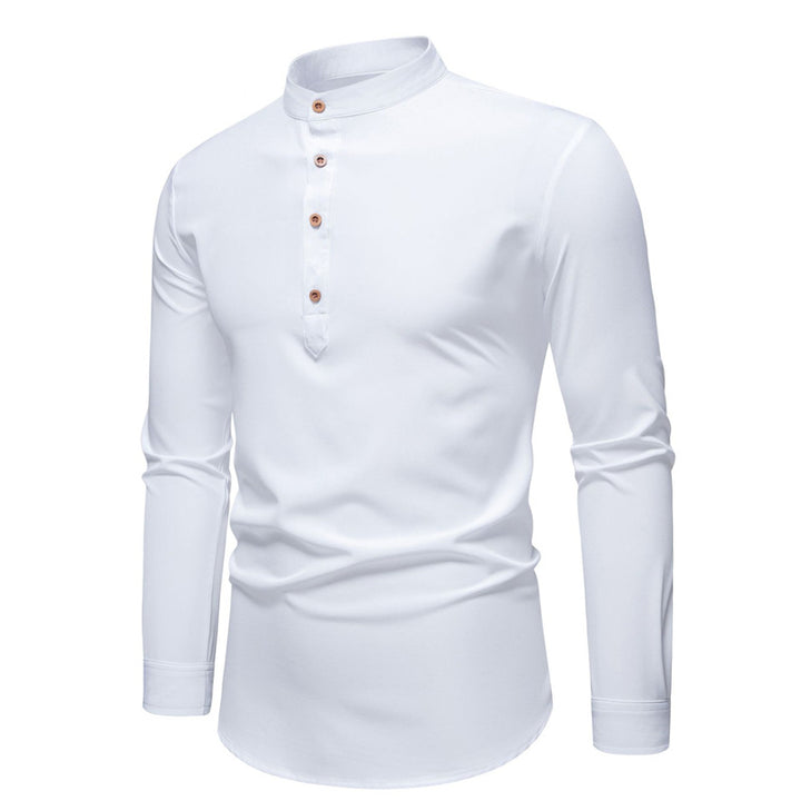 Herren Langarm-Henley-Shirt mit modernem Stehkragen und dekorativen Knöpfen Echoarchiv