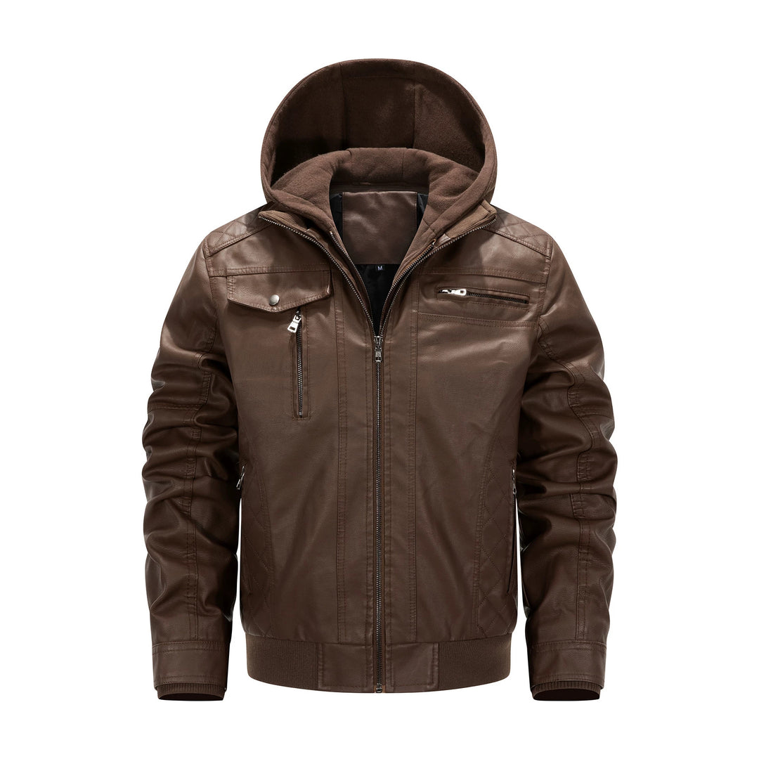 Herren Kunstleder-Bikerjacke mit abnehmbarer Kapuzenblende und gesteppter Seitenpartie Echoarchiv