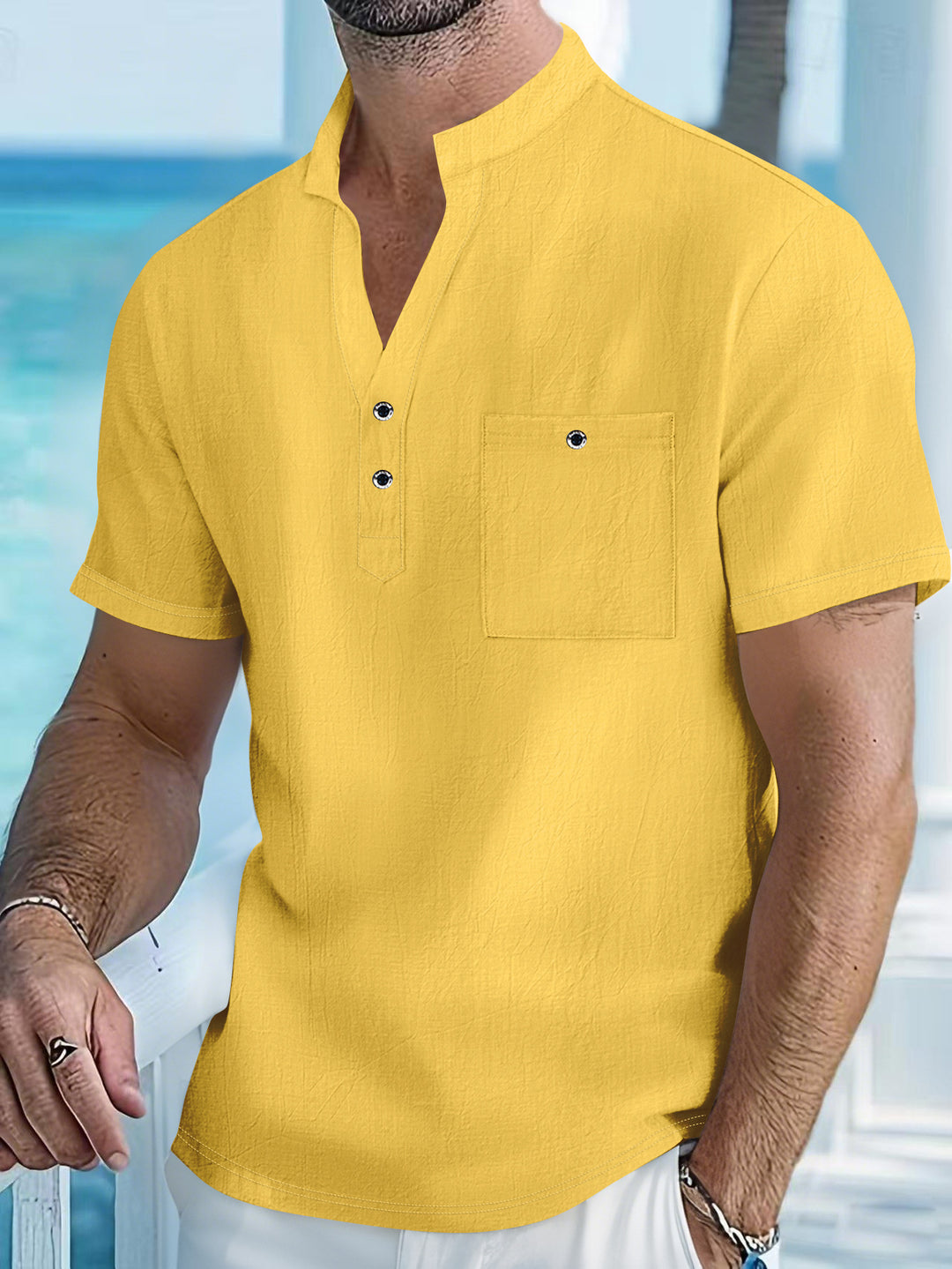 Herren Kurzarm-Hemd mit modischem Henley-Ausschnitt und Brusttasche Echoarchiv