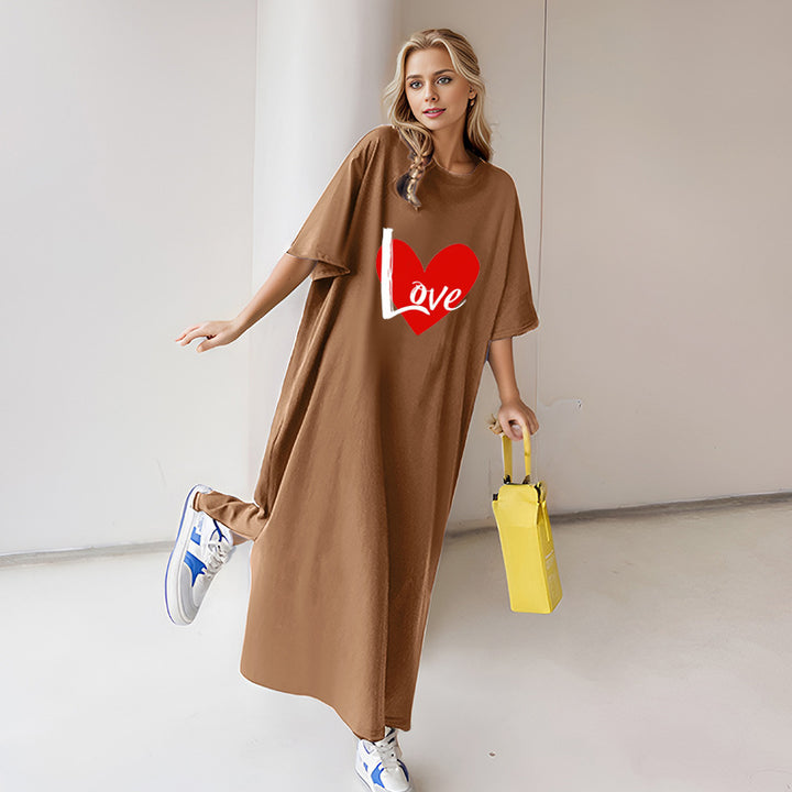 Damen locker geschnittenes Maxikleid mit großem Herzgrafikprint und Rundhalsausschnitt – Valéora