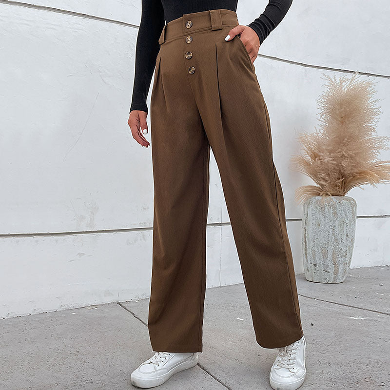 Damen Hochtaillierte weite Stoffhose mit Zierknopfleiste und Bundfalten Echoarchiv
