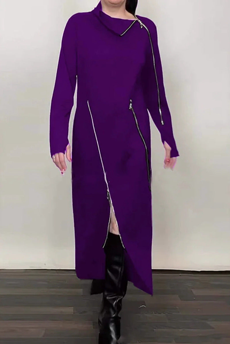 Damen nan langes Strickkleid mit asymmetrischen Metallreißverschlüssen und Frontschlitz Echo Archiv