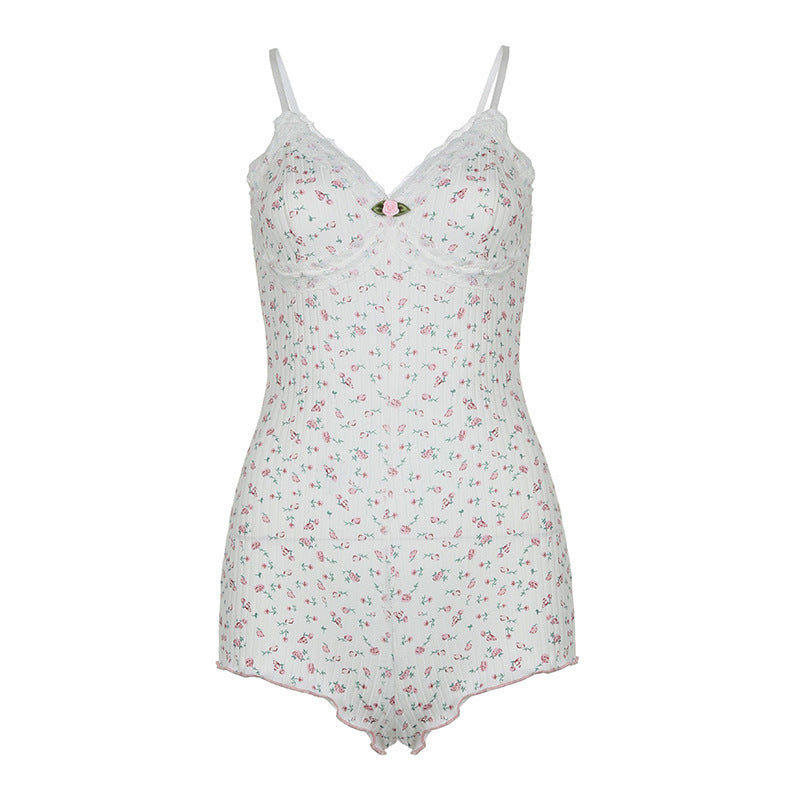 Damen Nachtwäsche Bodysuit mit floralem Druck und zarten Spitzenakzenten Echo Archiv