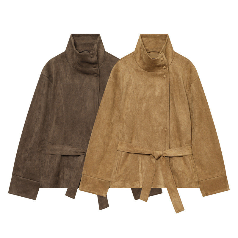 Damen Kurzjacke im Boxy-Cut aus Velourslederoptik mit hohem Stehkragen und Bindegürtel Echo Archiv