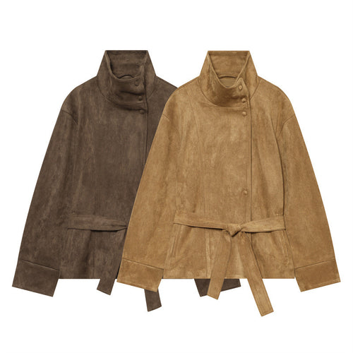 Damen Kurzjacke im Boxy-Cut aus Velourslederoptik mit hohem Stehkragen und Bindegürtel Echo Archiv