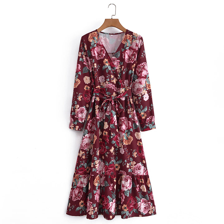Damen Wickel-Maxikleid mit V-Ausschnitt, Taillengürtel und Stufensaum – Valéora