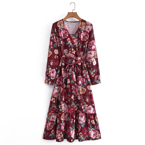Damen Wickel-Maxikleid mit V-Ausschnitt, Taillengürtel und Stufensaum – Valéora