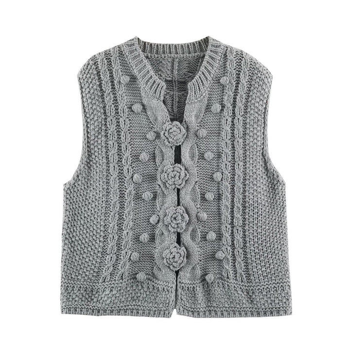 Damen Strickweste mit Zopfmuster, Blumenapplikationen und Noppenstruktur Echoarchiv