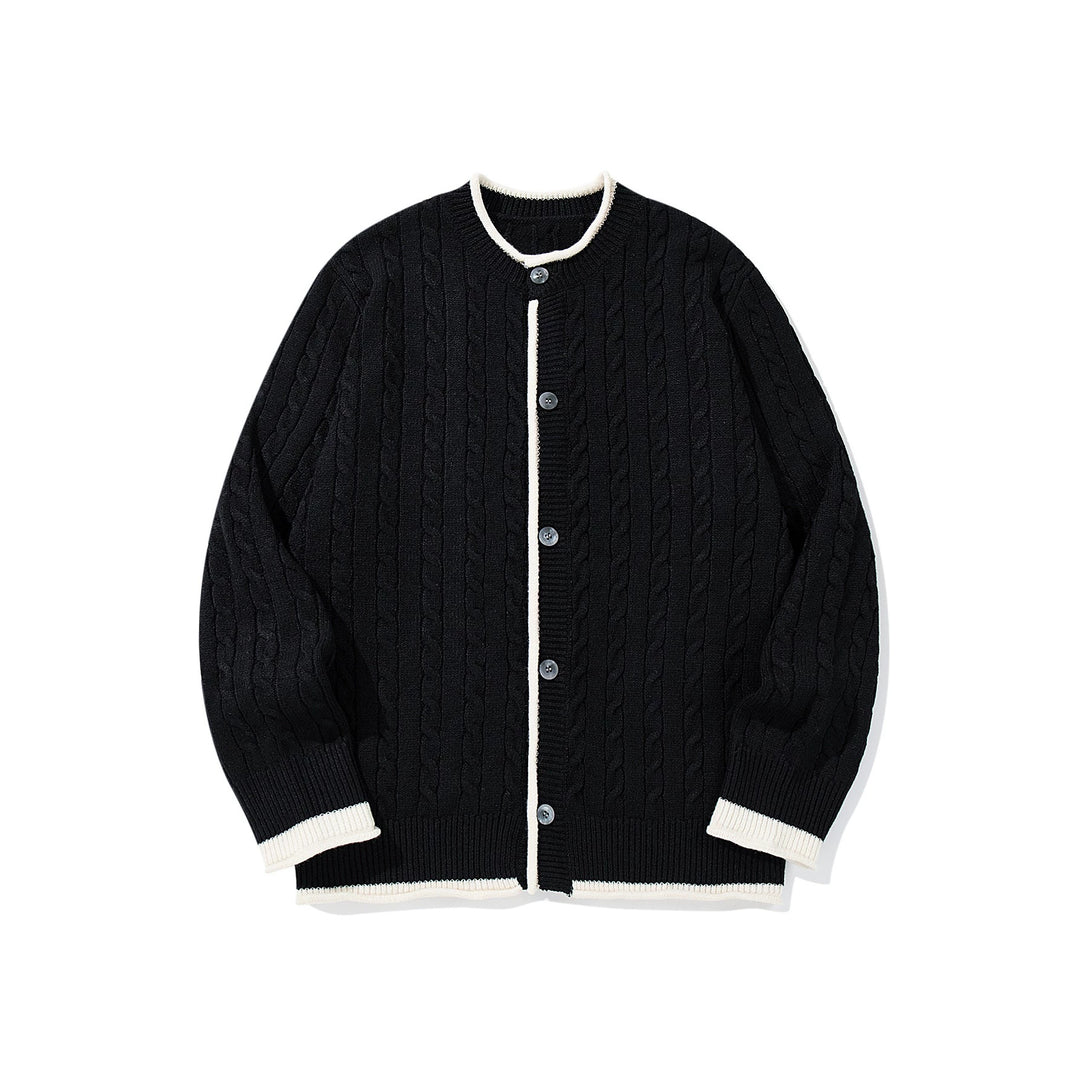 Unisex Kabelstrick-Cardigan mit Rundhals, kontrastierten Bündchen und durchgehender Knopfleiste Echoarchiv