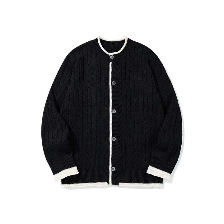 Unisex Kabelstrick-Cardigan mit Rundhals, kontrastierten Bündchen und durchgehender Knopfleiste Echoarchiv