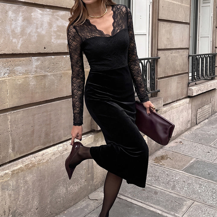 Damen Elegantes Langarm Maxikleid aus Samt und Spitze Echo Archiv