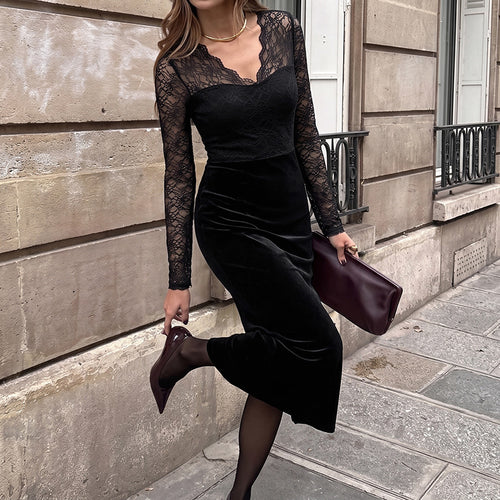 Damen Elegantes Langarm Maxikleid aus Samt und Spitze Echo Archiv