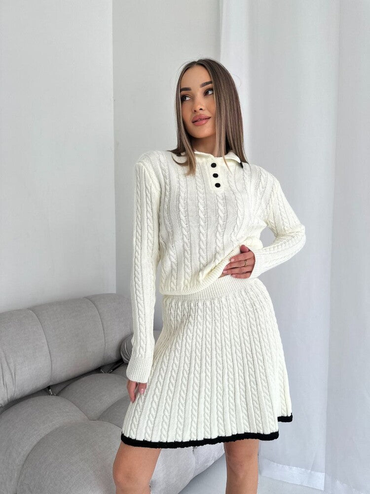 Damen nan Kabelstrick-Set mit Polo-Kragen und ausgestelltem A-Linien-Rock Echo Archiv