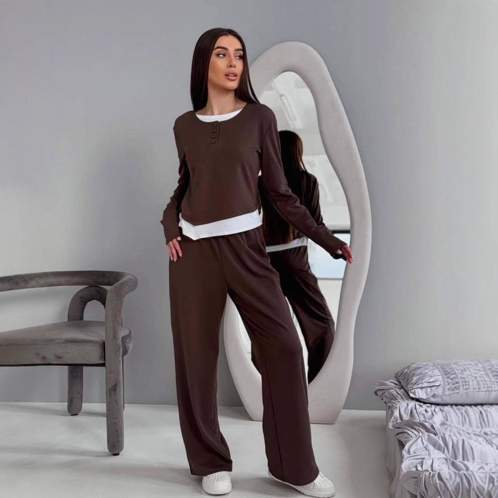 Damen Loungewear-Set aus weichem Modal mit Henley-Knopfleiste und weitem High‑Waist Loungehose – Élanora