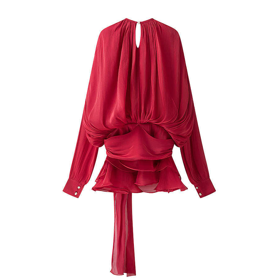 Damen nan luftiges Chiffon-Wickelblusen-Set mit Schärpe und Lagen-Shorts Echo Archiv