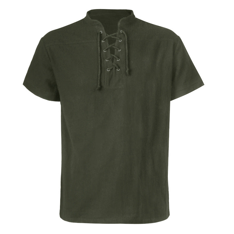 Herren lässiges Kurzarmshirt mit geschnürter V-Kehle, kurzem Stehkragen und weichem Baumwollmix – Marzano