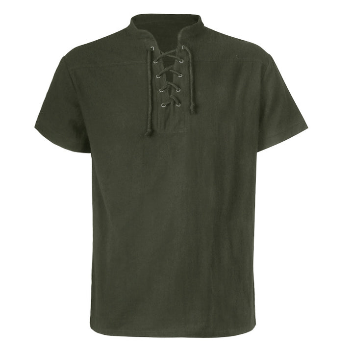 Herren lässiges Kurzarmshirt mit geschnürter V-Kehle, kurzem Stehkragen und weichem Baumwollmix – Marzano