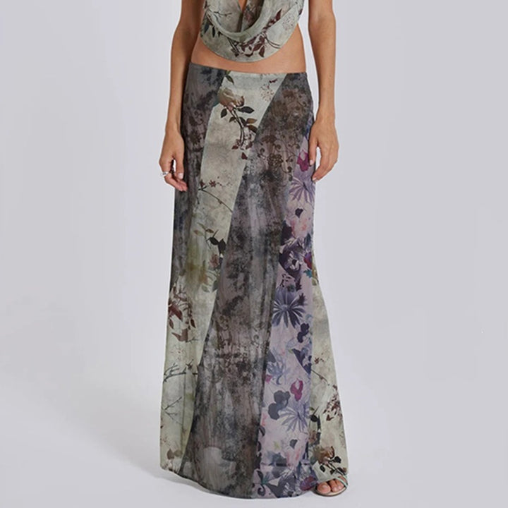 Damen Langer Maxirock mit diagonalen Patchwork-Prints und schlanker A-Linie Echo Archiv