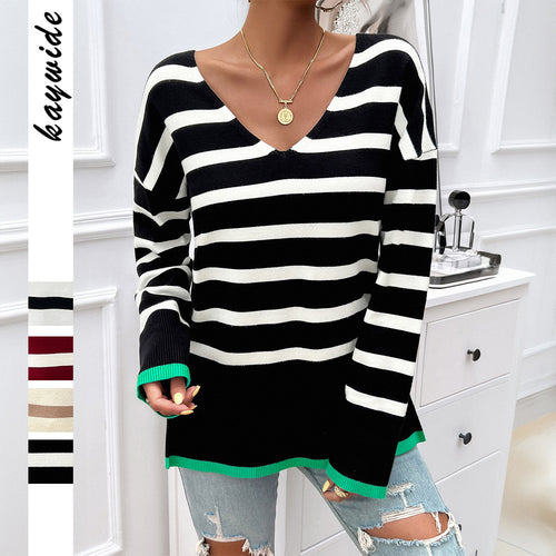 Damen gestreifter V‑Neck Feinstrickpullover mit verlängertem Tunika‑Schnitt und geripptem Saum – Mavelle