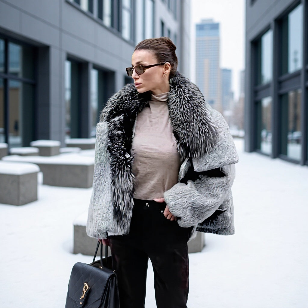 Damen Kurzjacke aus Kunstfell im Oversize‑Cut mit voluminösem Webpelzkragen Echo Archiv